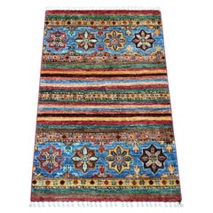 2'x3'2" Colorful Afghan Super Kazak with Khorjin Design Hand Knotted Wool Rug