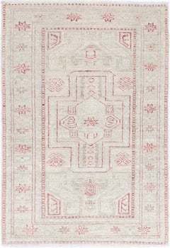 2x3.2 ft Traditional Hand Knotted Beige Turkish Accent Rug with Geometric Design