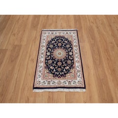2'x3'2"  Indigo Blue Wool & Silk Nain Medallion Design Hand Knotted Mat Rug