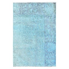 2'x3'2" Sky Blue Overdyed Vintage Persian Tabriz Hand Knotted All Wool Mat Rug