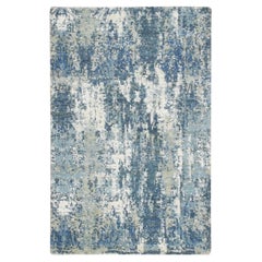 2'x3'2" Teal Blue Hand Knotted Abstract Design Wool and Real Silk Mat Rug