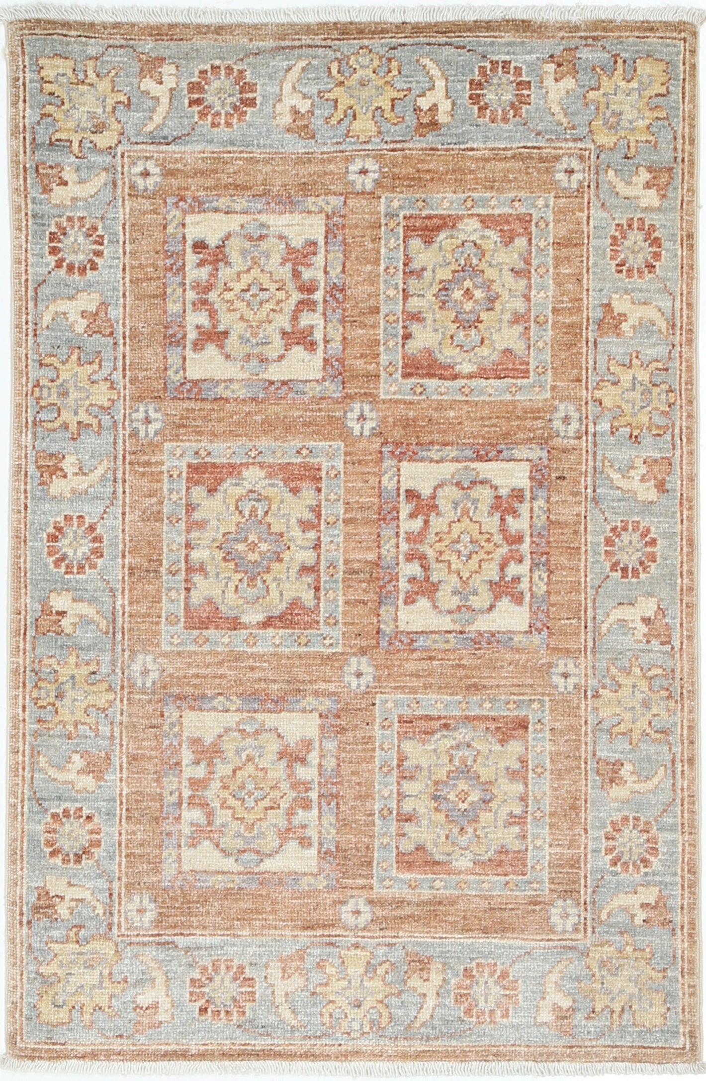 2x3.3 ft Hand Knotted Coral, Gray, Ivory Wool Accent Rug with Geometric Design For Sale