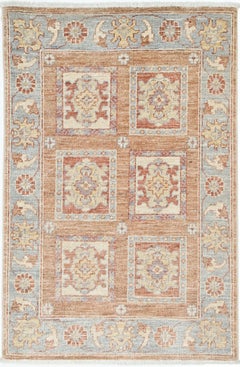 2x3.3 ft Hand Knotted Coral, Gray, Ivory Wool Accent Rug with Geometric Design