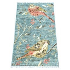 2'x3'3" Misty Gray Sparrows on the Tree Peshawar All Wool Hand Knotted Mat Rug