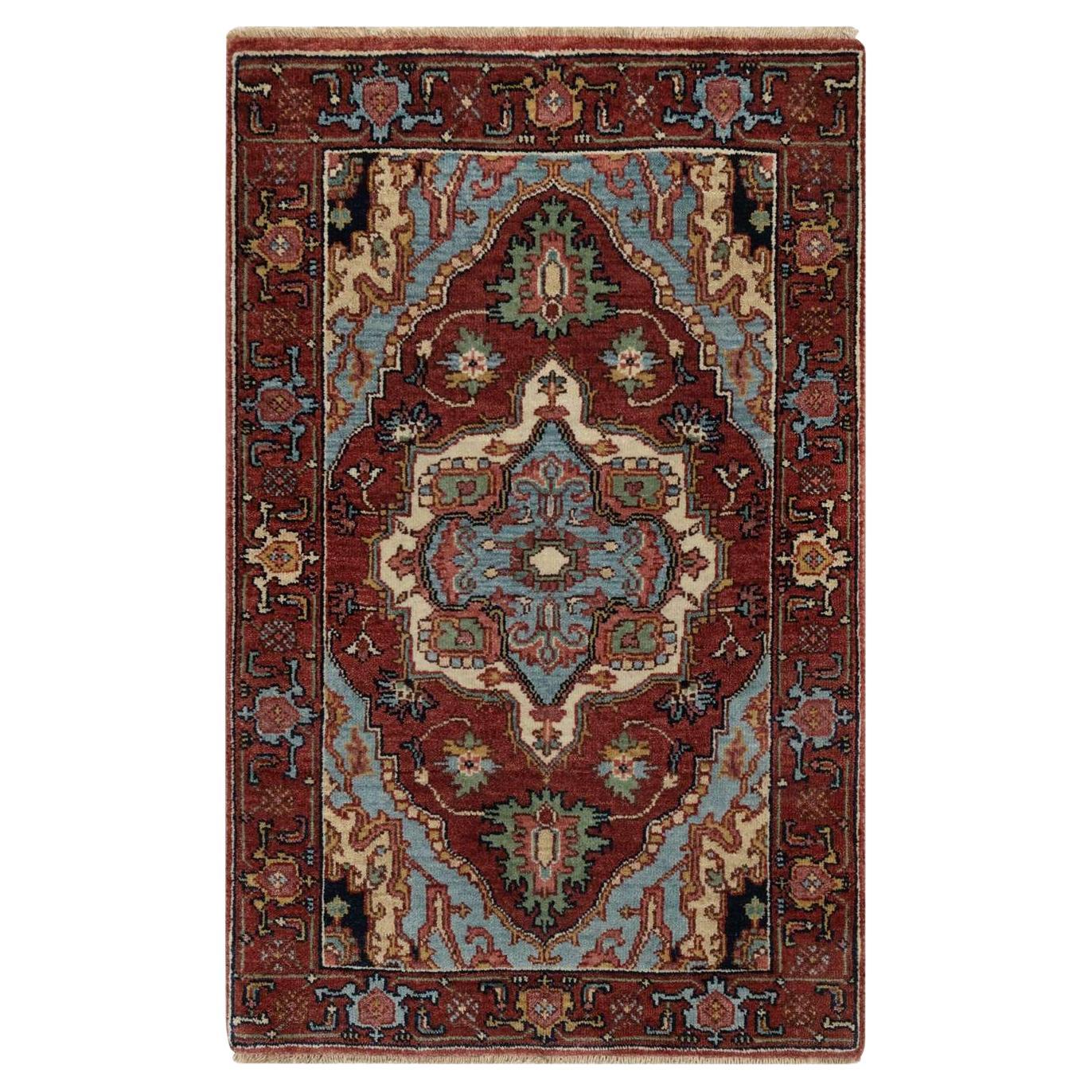 2
x3
3" Red Antiqued Fine Heriz Re-Creation Hand Knotted Soft Wool Mat Rug