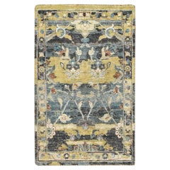 2'x3'3" Stone Blue with Yellow Abrash Persian Design Wool Hand Knotted Mat Rug