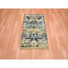 2'x3'3" Stone Blue with Yellow Persian Design 100% Wool Hand Knotted Mat Rug