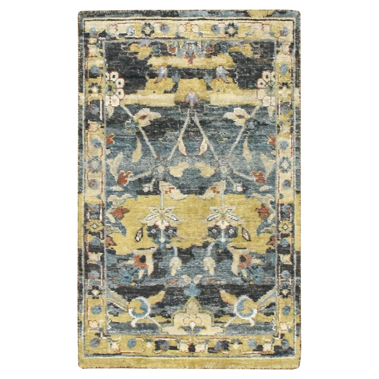 2
x3
3" Stone Blue with Yellow Persian Design Hand Knotted 100% Wool Mat Rug im Angebot