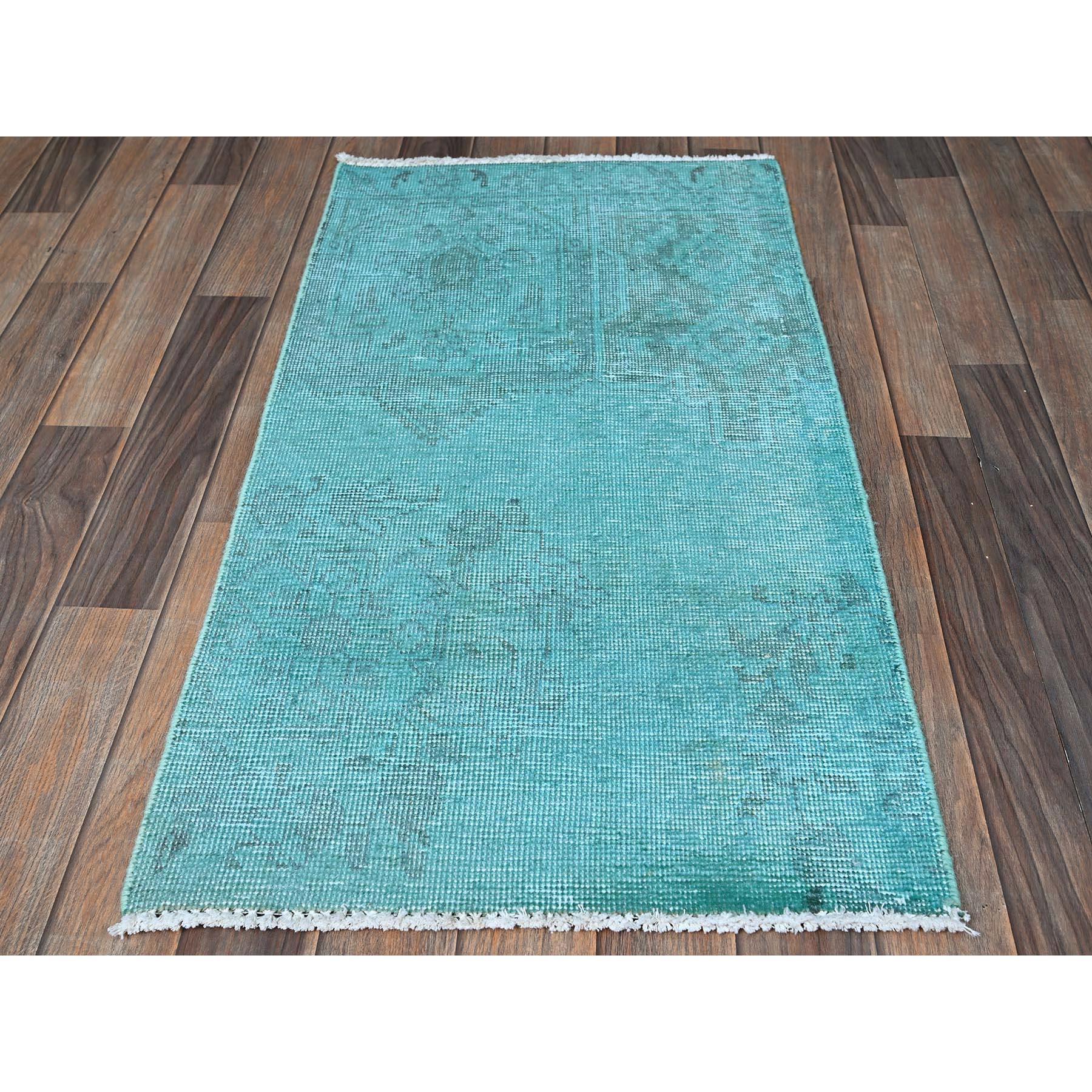 Aqua Blue, Overdyed Vintage Persian Tabriz, Worn and Distressed, Sides and Ends Professionally Secured, Cropped Thin, Hand Knotted, 100% Wool, Fragment, Mat, Oriental Rug
Primary materials: Wool
Latex: No Pile 
height: 0.25 Inches
Style: