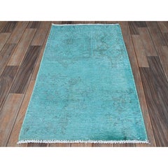 2'x3'6" Aqua Blue Overdyed Vintage Persian Tabriz Hand Knotted Wool Runner Rug