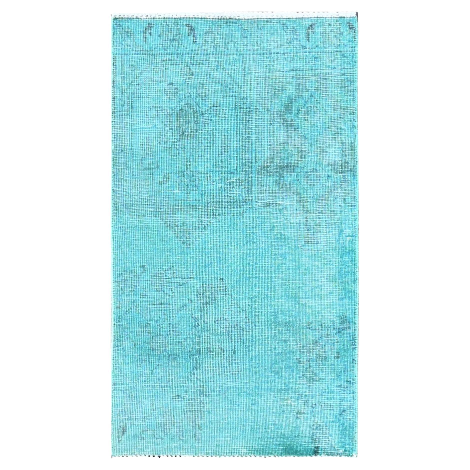 2'x3'6" Aqua Blue Overdyed Vintage Persian Tabriz Hand Knotted Wool Runner Rug For Sale