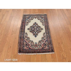 2'x4' Ivory Antique Sarouk Mat Hand Knotted Pure Wool Open Field Medallion Rug