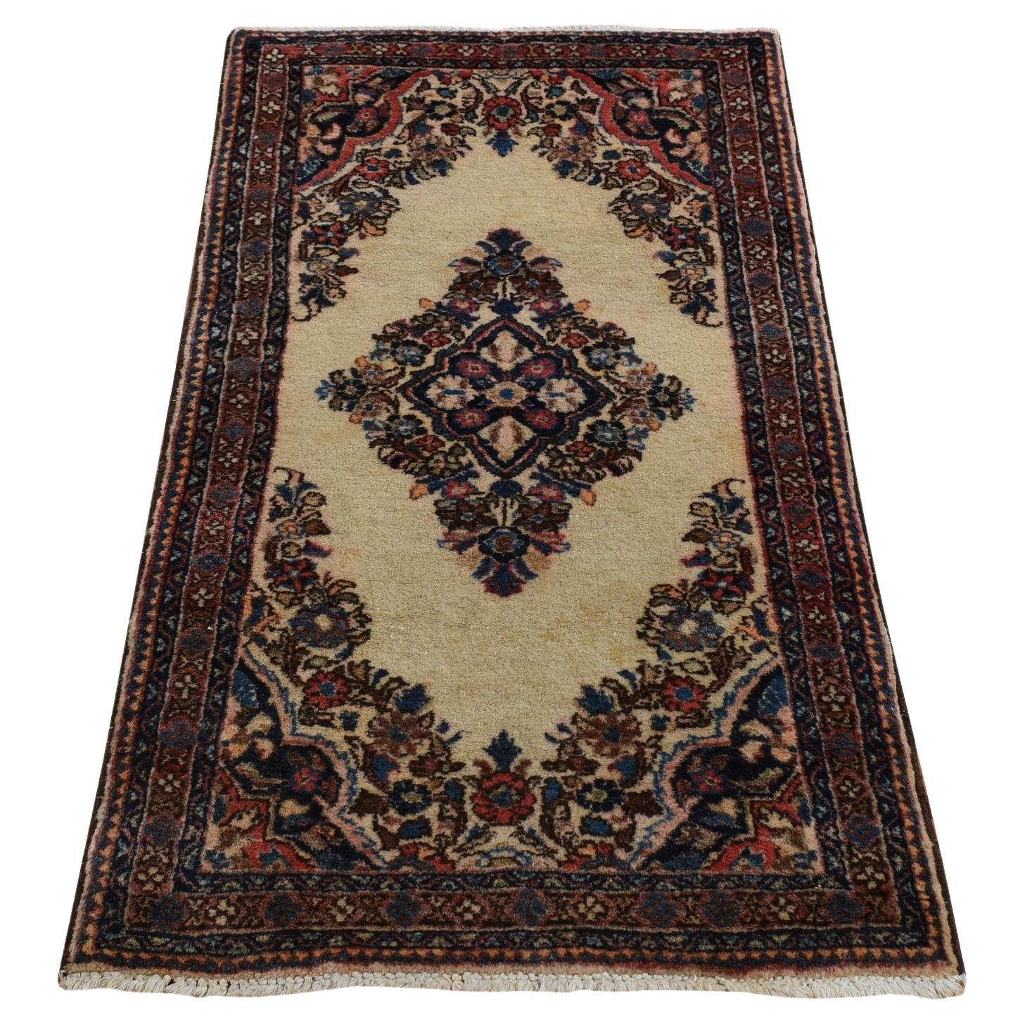 Tappeto 2'x4' Avorio Antico Sarouk Mat Annodato a mano in pura lana con medaglione a campo aperto