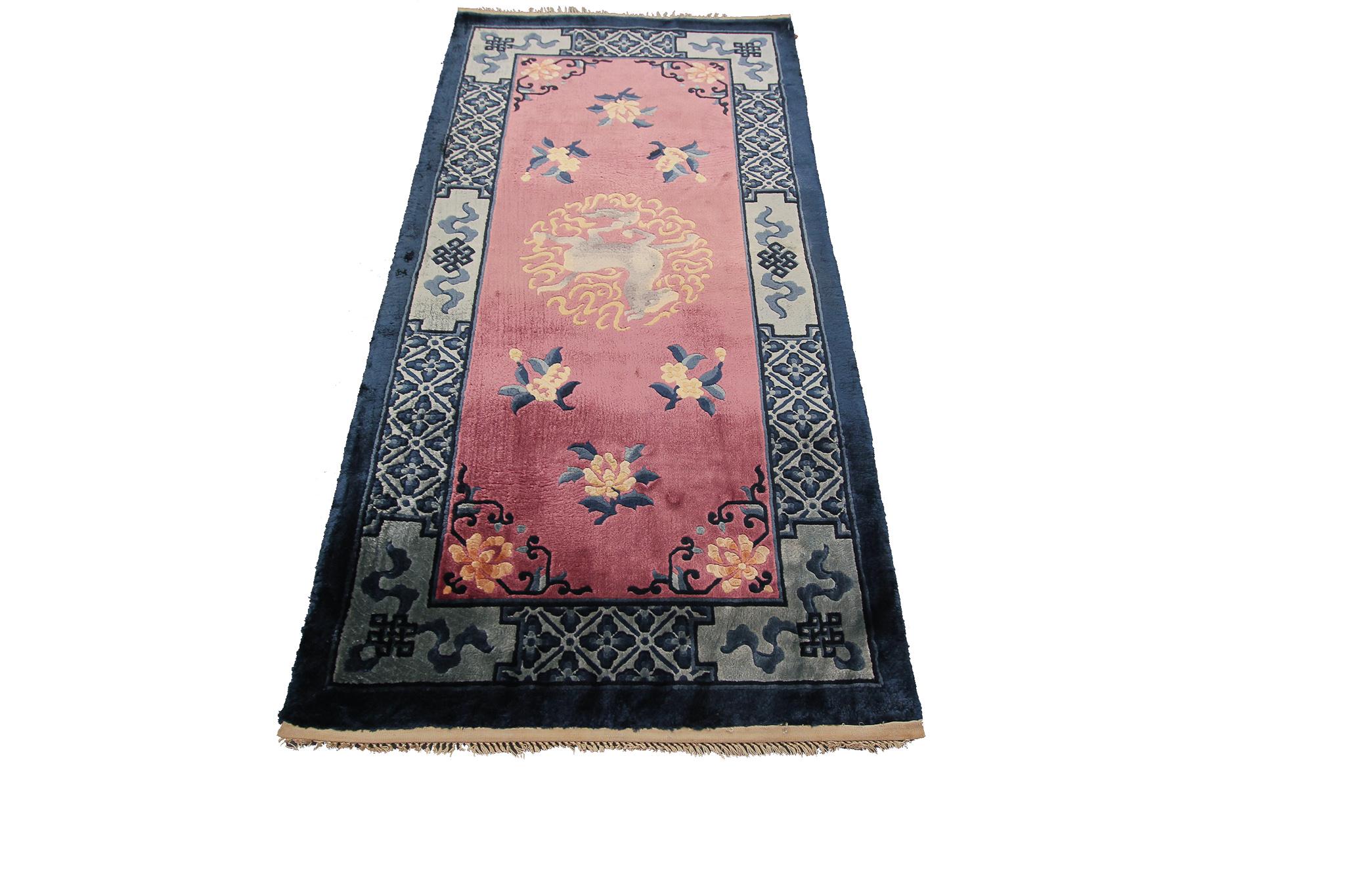 Wool Vintage Art Deco Chinese Rug Antique Silk Chinese Tapestry Purple Dragon For Sale