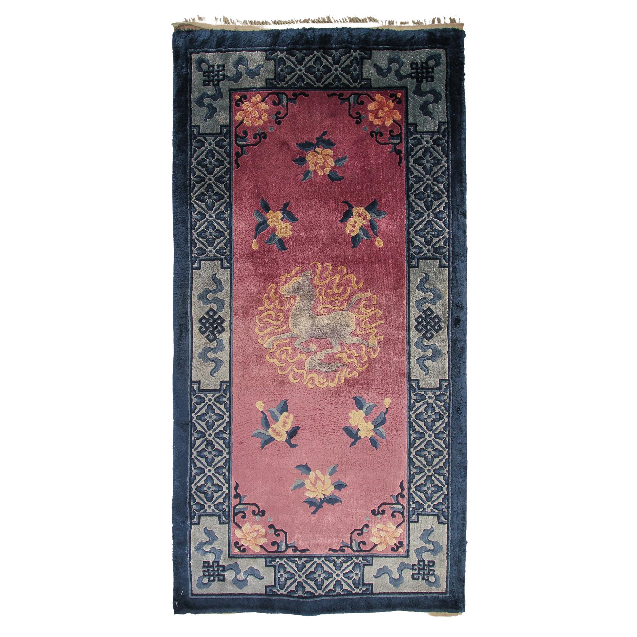 Vintage Art Deco Chinese Rug Antique Silk Chinese Tapestry Purple Dragon For Sale