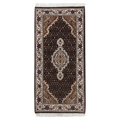 2'x4'2" Black Tabriz Mahi with Fish Medallion Design Hand Knotted Wool Mat Rug