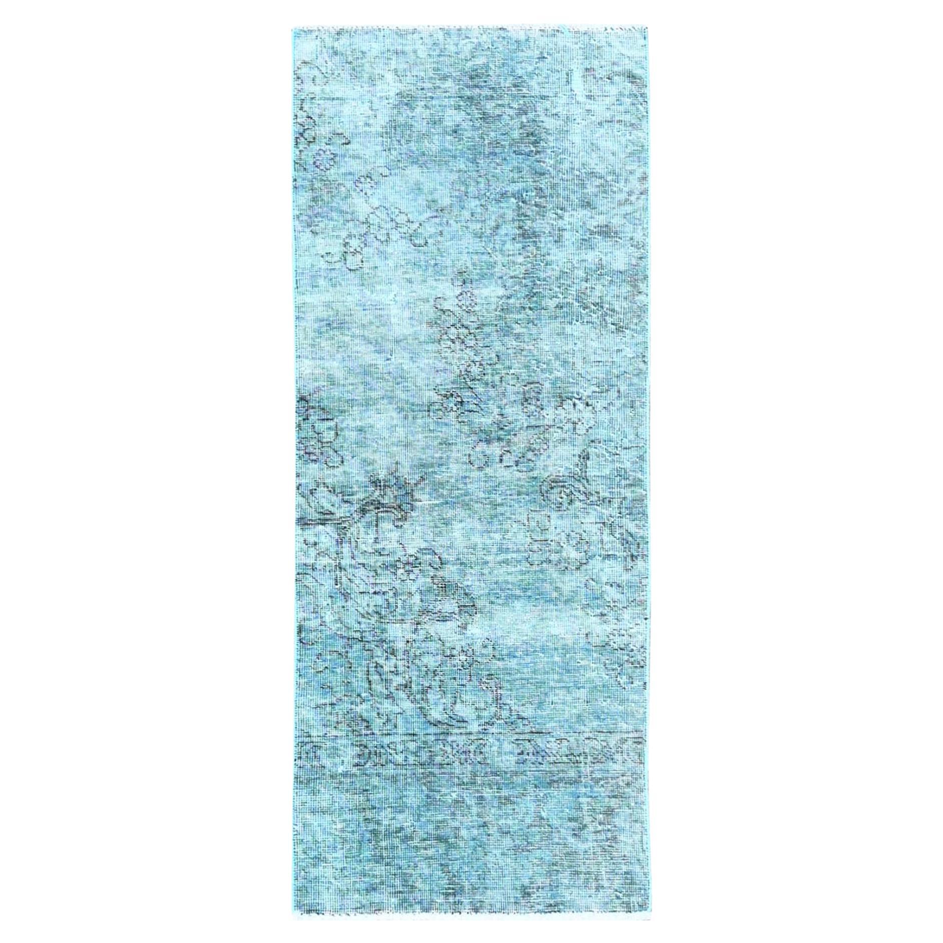Tappeto Runner Verde Vintage Persiano Tabriz Annodato a Mano interamente in Lana 2'x5' Sovratinto