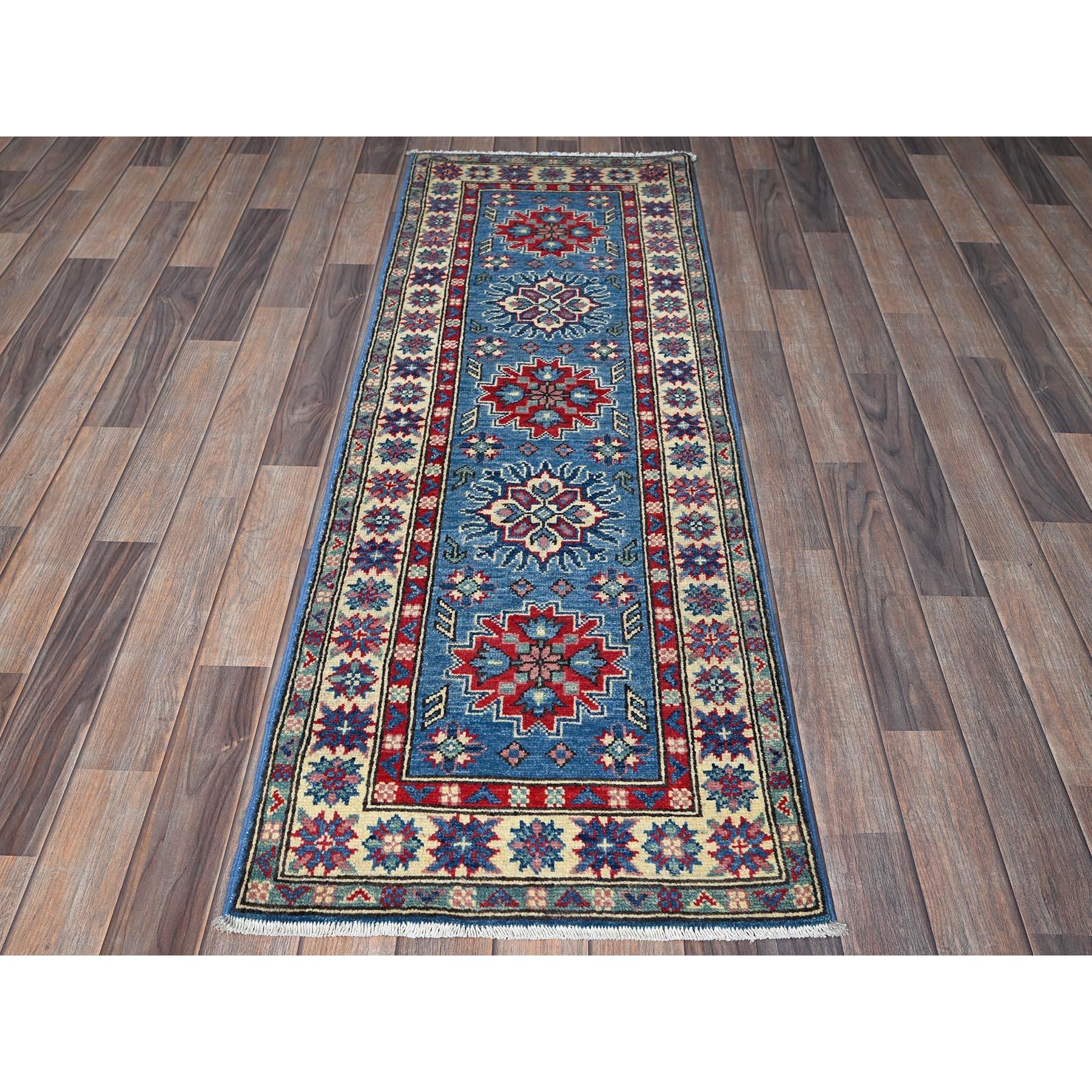 Bayern Blue, Kazak with Tribal Medallions Design, Hand Knotted, Soft and Vibrant Wool, Denser Weave, Vegetable Dyes, Narrow Runner, Oriental Rug
Primary materials: Wool
Latex: No Pile 
height: 0.25 Inches
Style: Traditional
Primary color: