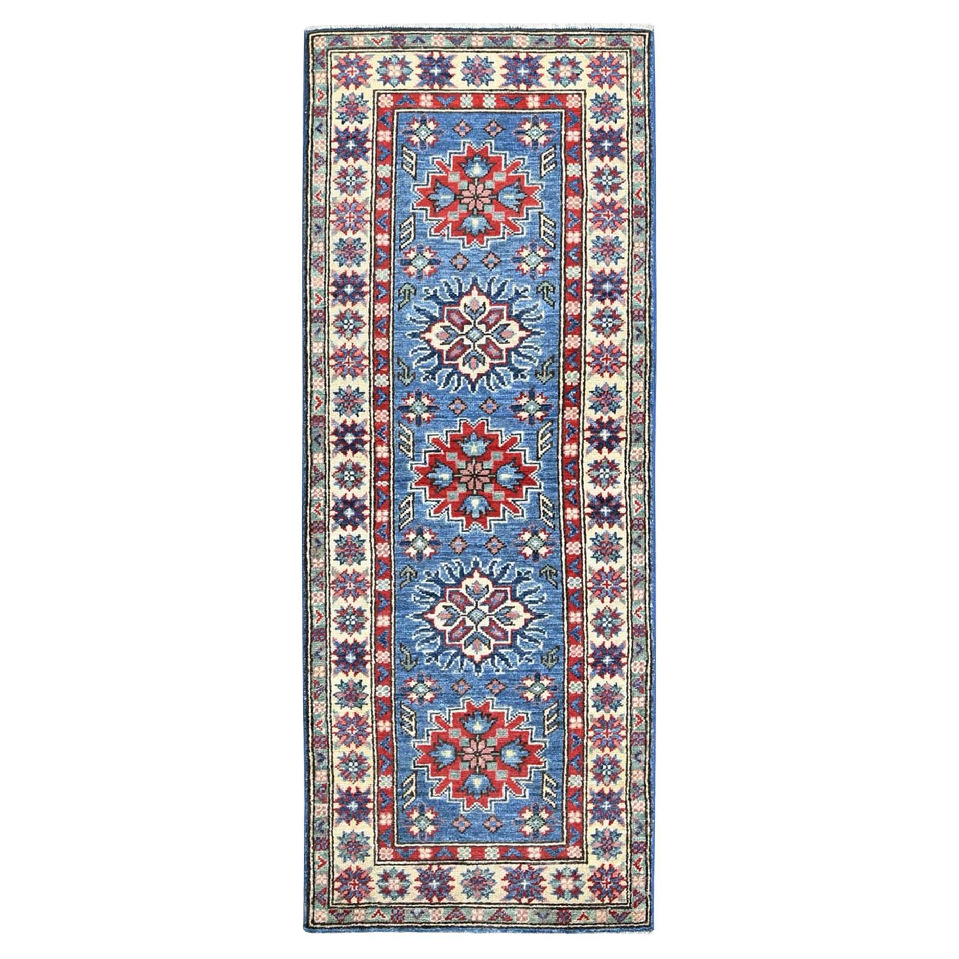 2'x5'10" Blue Kazak with Tribal Medallions Design Hand Knotted Wool Runner Rug
