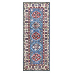 2'x5'10" Tapis de course en laine nouée à la main Kazak bleu avec motifs de médaillons tribaux