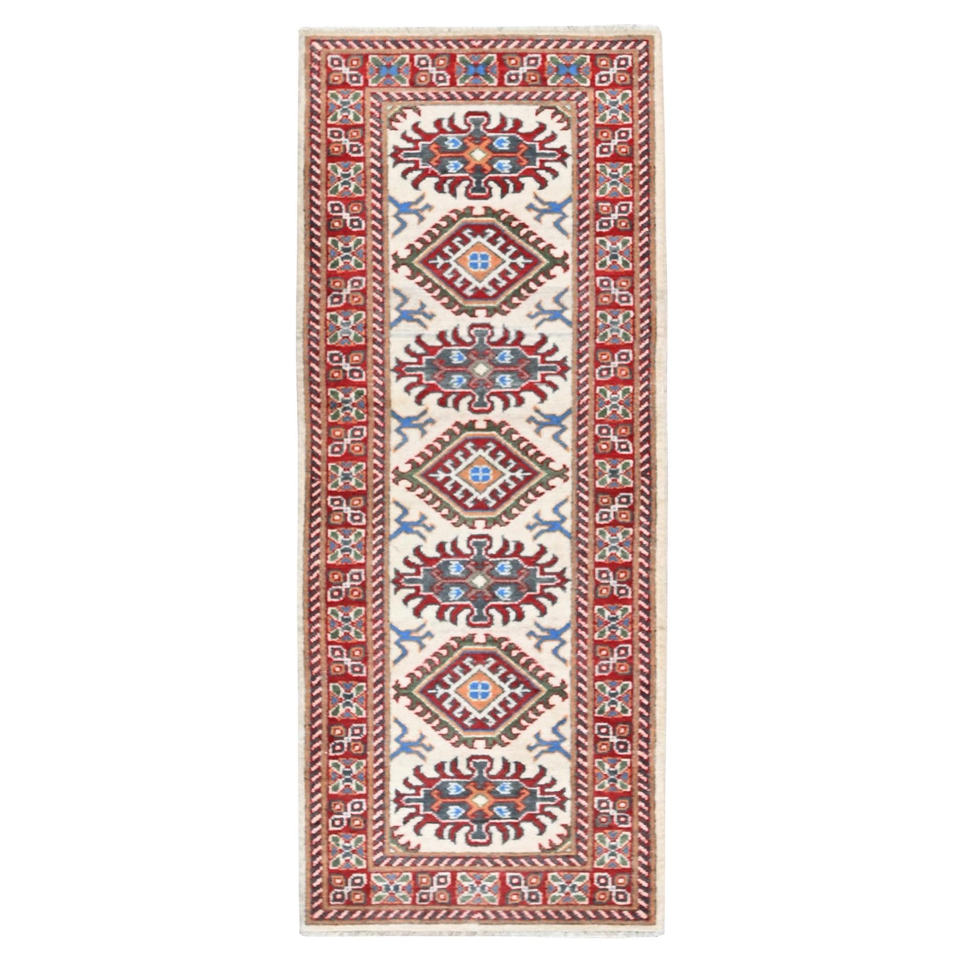 2'x5'10" Ivory Kazak with Tribal Design Hand Knotted Soft Wool Runner Rug