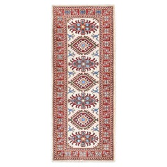2'x5'10" Ivory Kazak with Tribal Design Hand Knotted Soft Wool Runner Rug