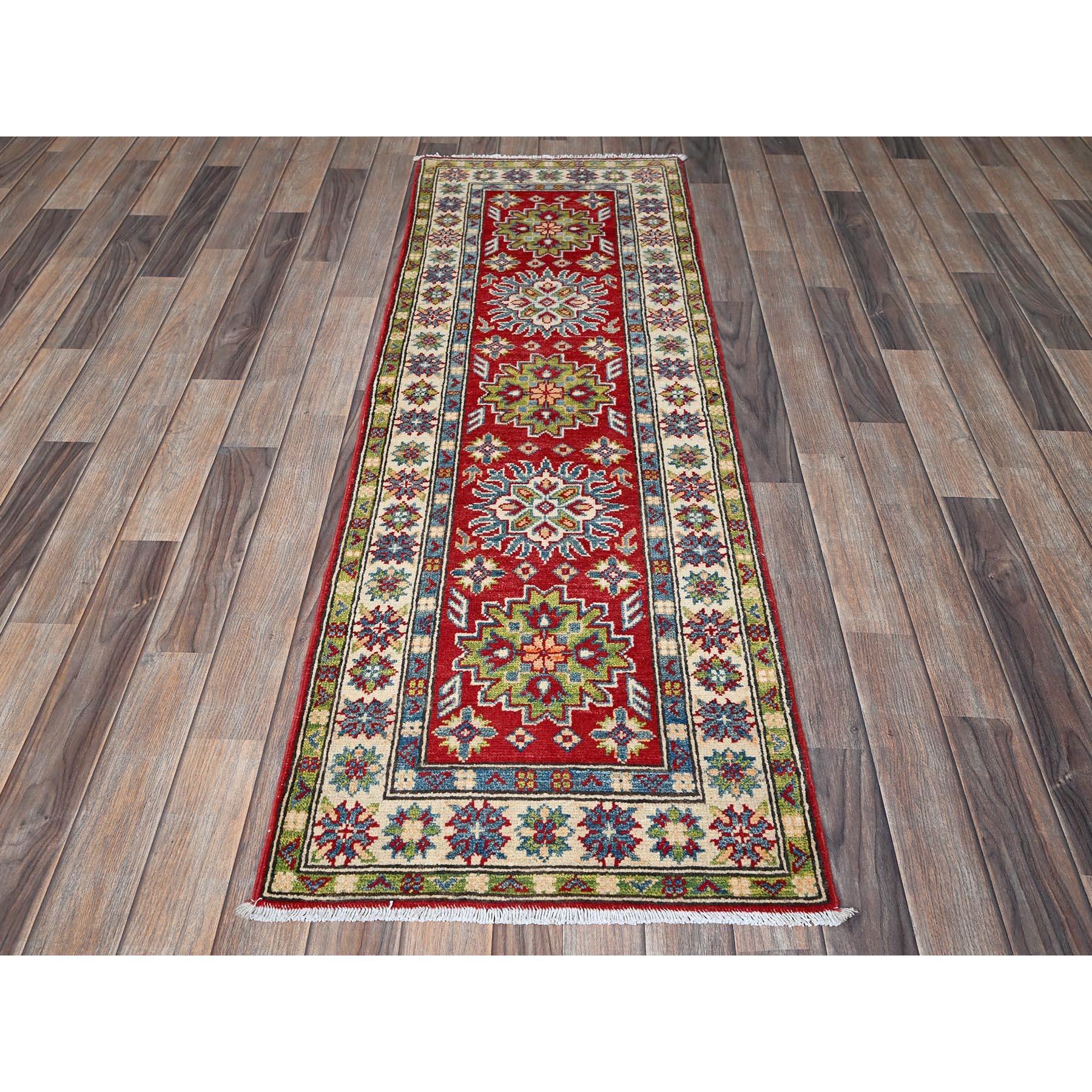 Crimson Red, Kazak with Tribal Medallions Design, Soft and Shiny Wool, Hand Knotted, Denser Weave, Vegetable Dyes, Narrow Runner, Oriental Rug
Primary materials: Wool
Latex: No Pile 
height: 0.25 Inches
Style: Traditional
Primary color: