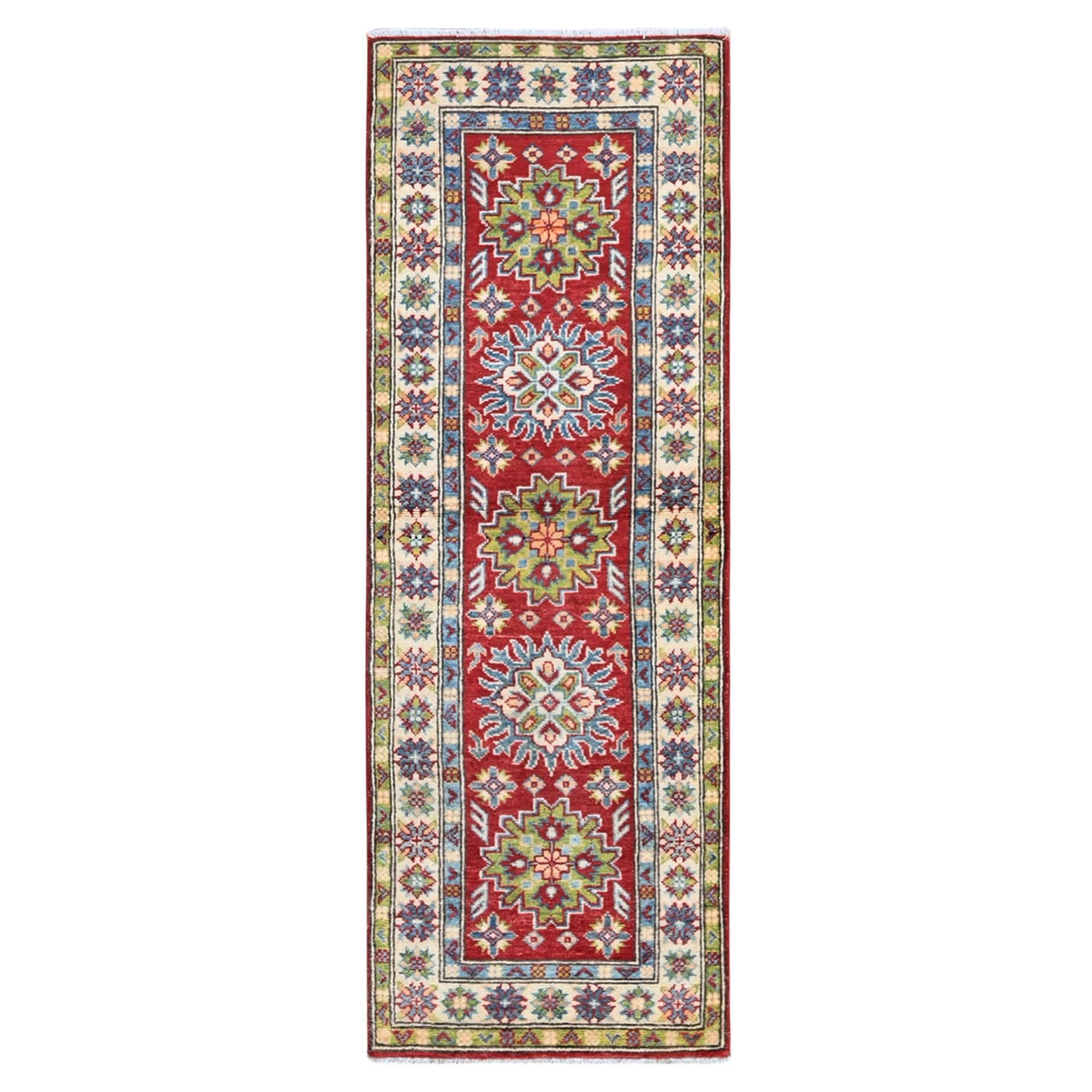 2
x5
10" Red Kazak with Tribal Medallions Design Wool Hand Knotted Runner Rug im Angebot