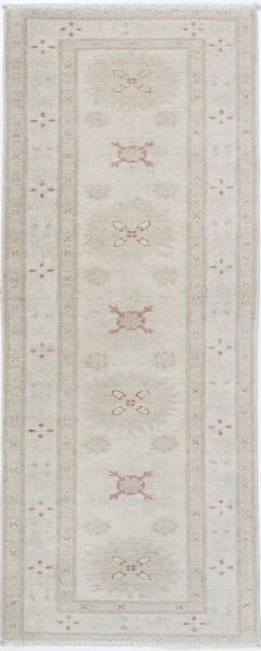 2x5.3 ft Hand Knotted Beige, Blush Area Rug. Turkish Geometric Motif Accent Rug