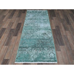 2'x5'7" Tappeto Runner Verde Sovratinto Vintage Persiano Tabriz Annodato a Mano interamente in Lana