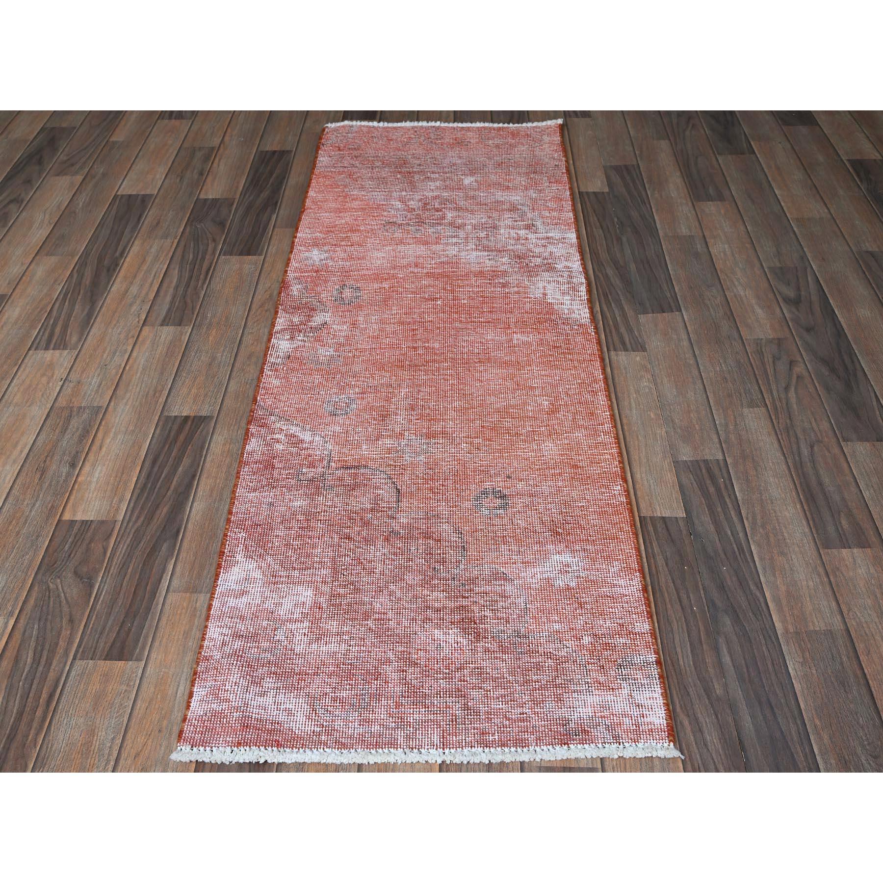 Peach Amber Color, Overdyed Vintage Persian Tabriz, Worn and Distressed, Sides and Ends Professionally Secured, Sheared Low, Hand Knotted, 100% Wool, Fragment, Short & Narrow Runner, Oriental Rug
Primary materials: Wool
Latex: No Pile 
height: 0.25