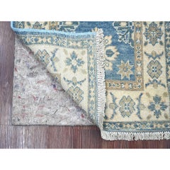 2'x5'8" Blauer Vintage Look Kazak mit Stammesmotiv Handgeknüpfter Wollteppich Läufer