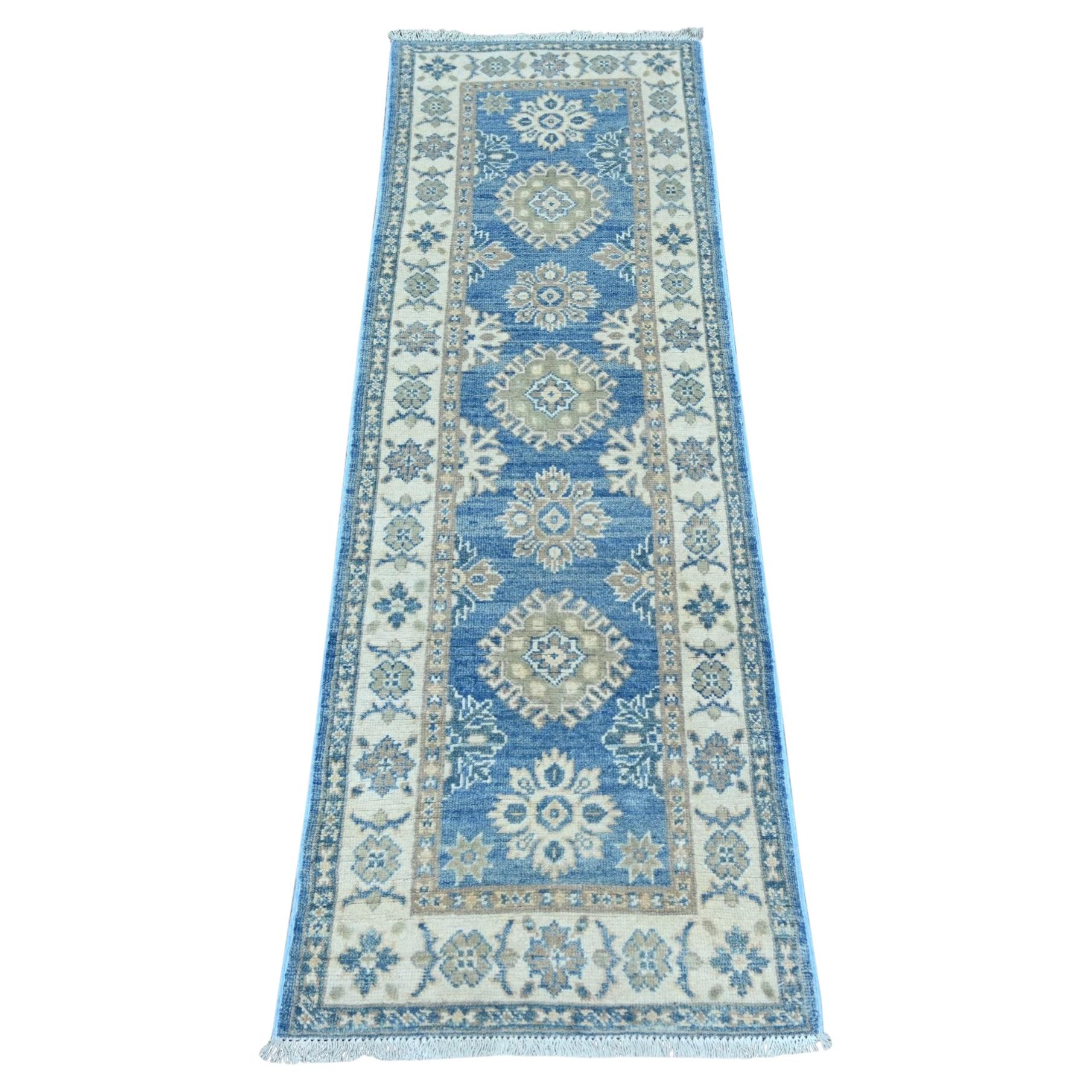 2'x5'8" Blue Vintage Look Kazak with Tribal Motif Hand Knotted Wool Runner Rug