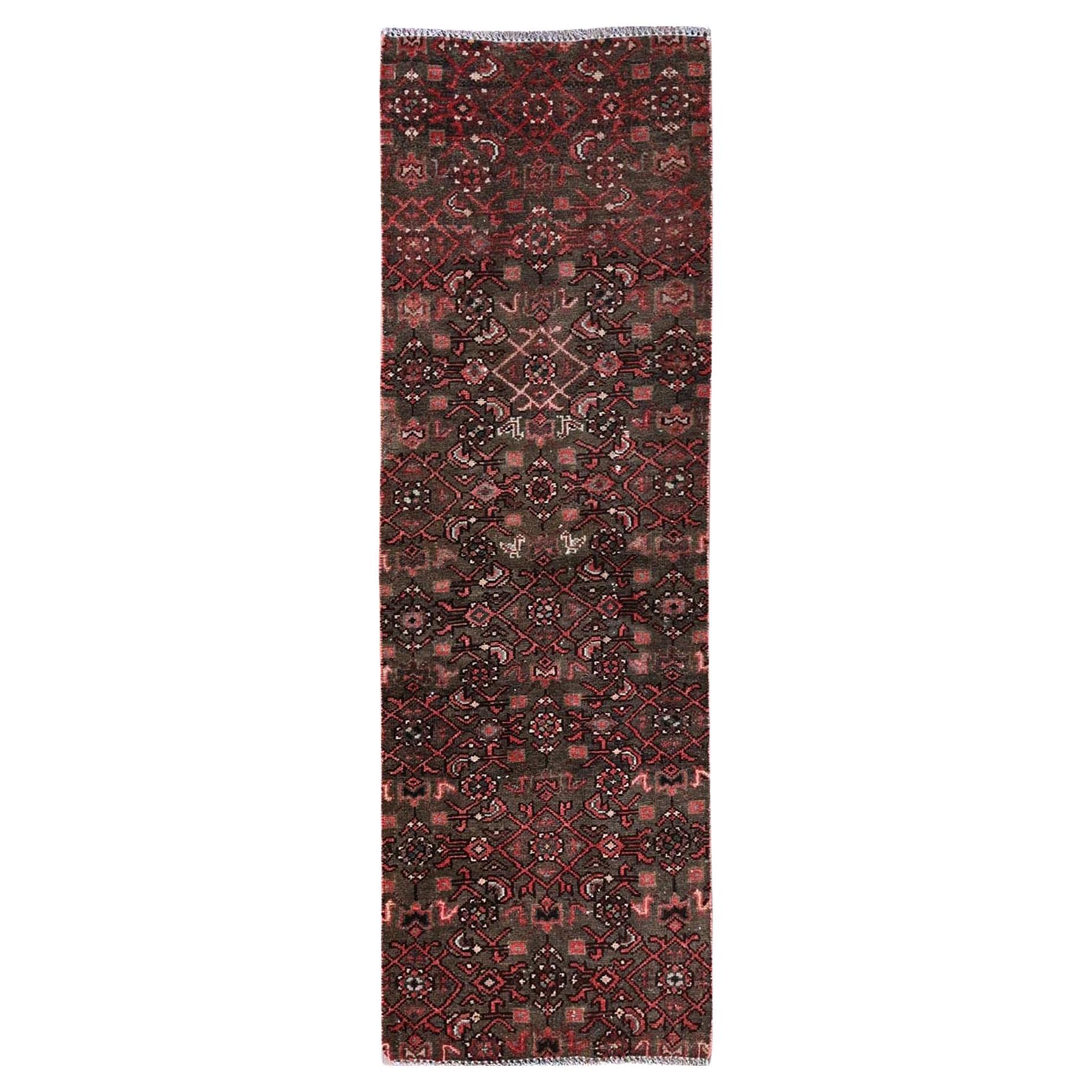 2'x5'8" Carob Brown Vintage Persisch Hamadan Handgeknüpft Reine Wolle Läufer Teppich