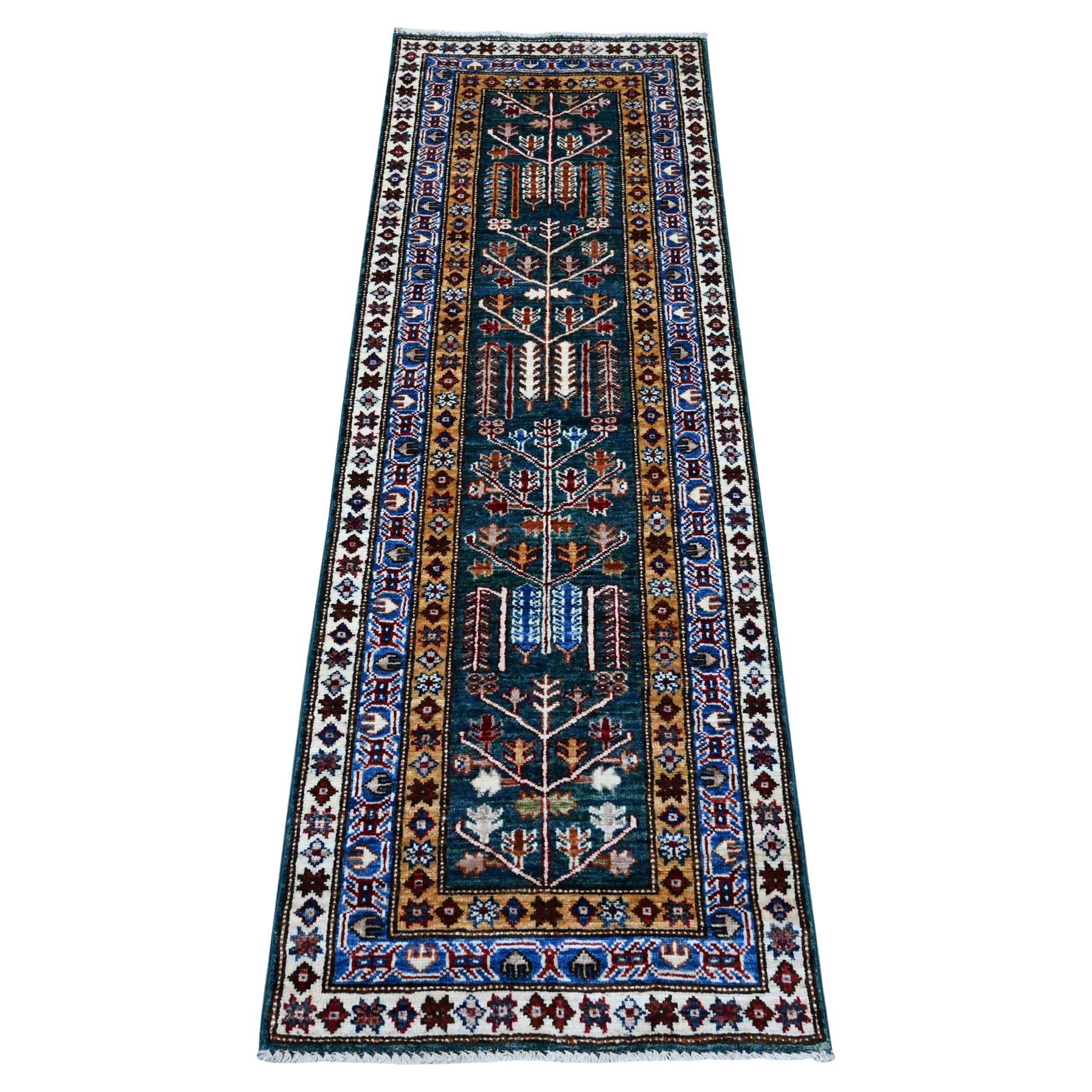 2
x5
8" Green Hand Knotted Wool Super Kazak Willow And Cypress Tree Runner Rug