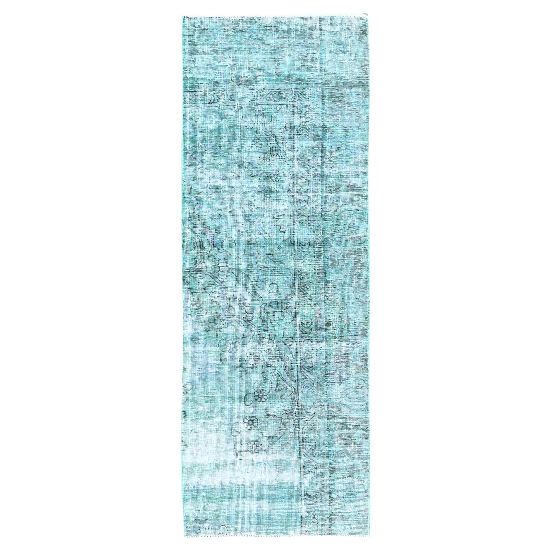 2'x5'8" Tappeto Runner Vintage Persiano Tabriz Tinta Verde Tutta Lana Annodata a Mano