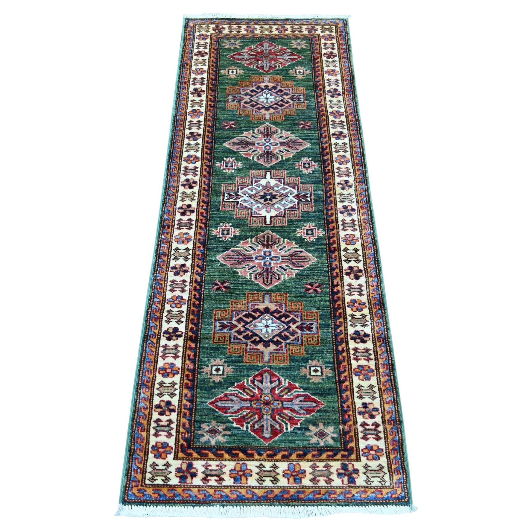 2'x5'8" Hunter Green Pure Wool Hand Knotted Afghan Super Kazak Runner Rug