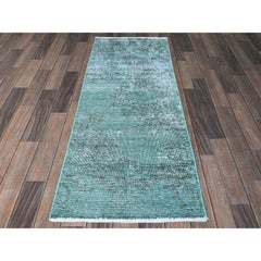 2'x5'8" Overdyed Green Vintage Persian Tabriz Hand Knotted All Wool Runner Rug