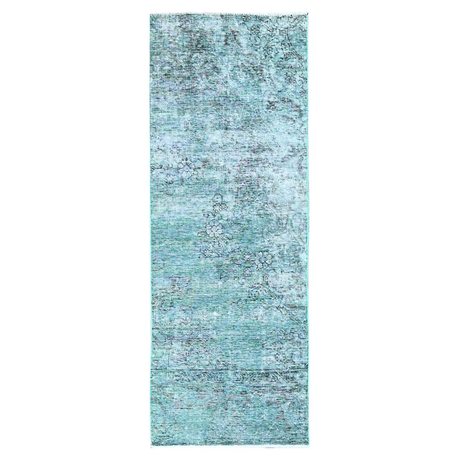 Tappeto Runner Verde Vintage Persiano Tabriz Annodato a Mano interamente in Lana 2'x5'8" Sovratinto in vendita
