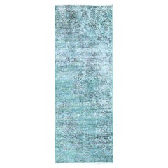 Tappeto Runner Verde Vintage Persiano Tabriz Annodato a Mano interamente in Lana 2'x5'8" Sovratinto