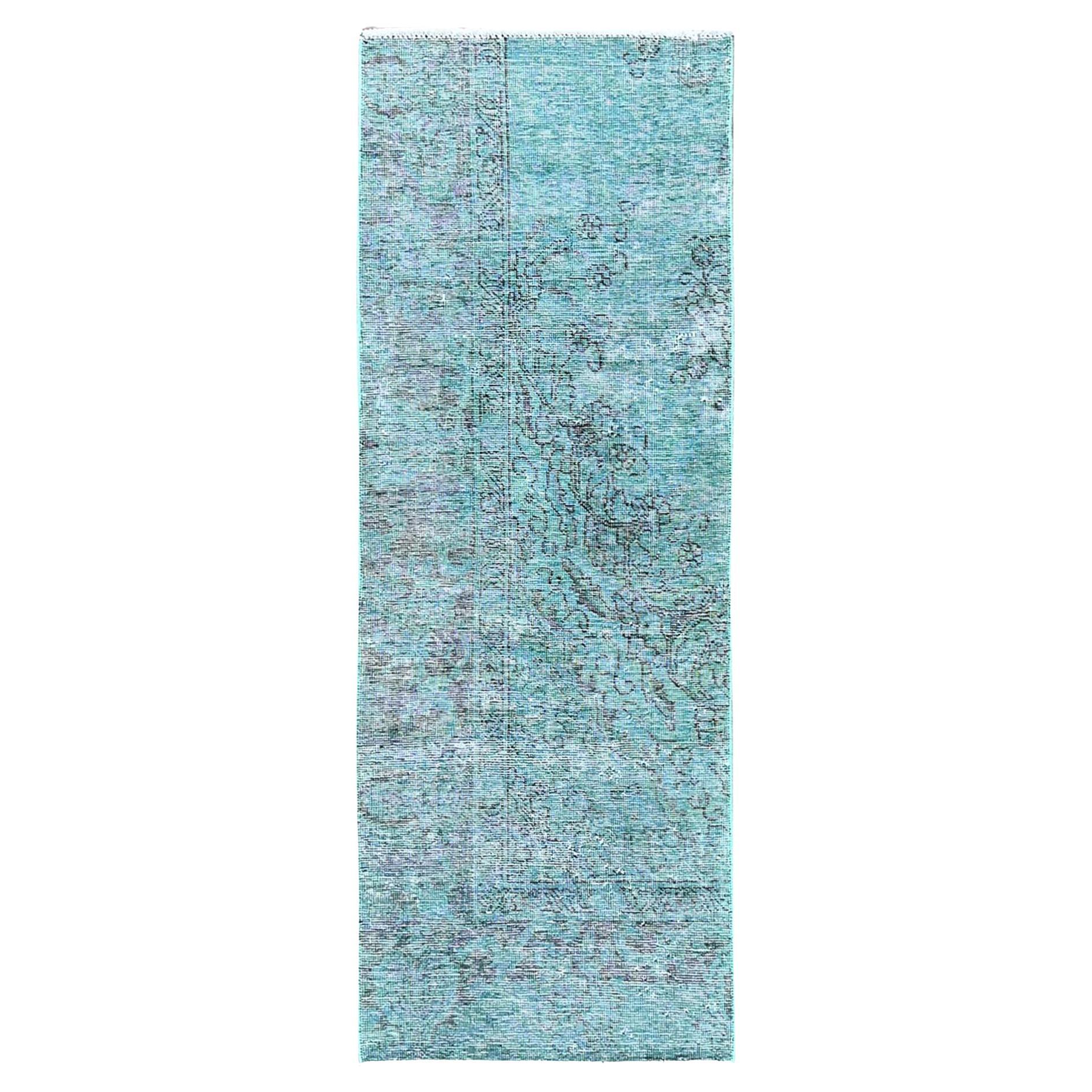 Tappeto Runner Verde Vintage Persiano Tabriz Annodato a Mano interamente in Lana 2'x5'8" Sovratinto
