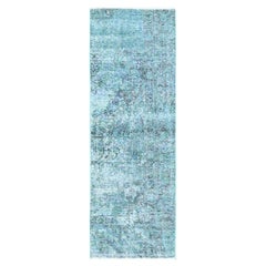 2'x5'8" Teal Overdyed Vintage Persian Tabriz Hand Knotted Pure Wool Runner Rug