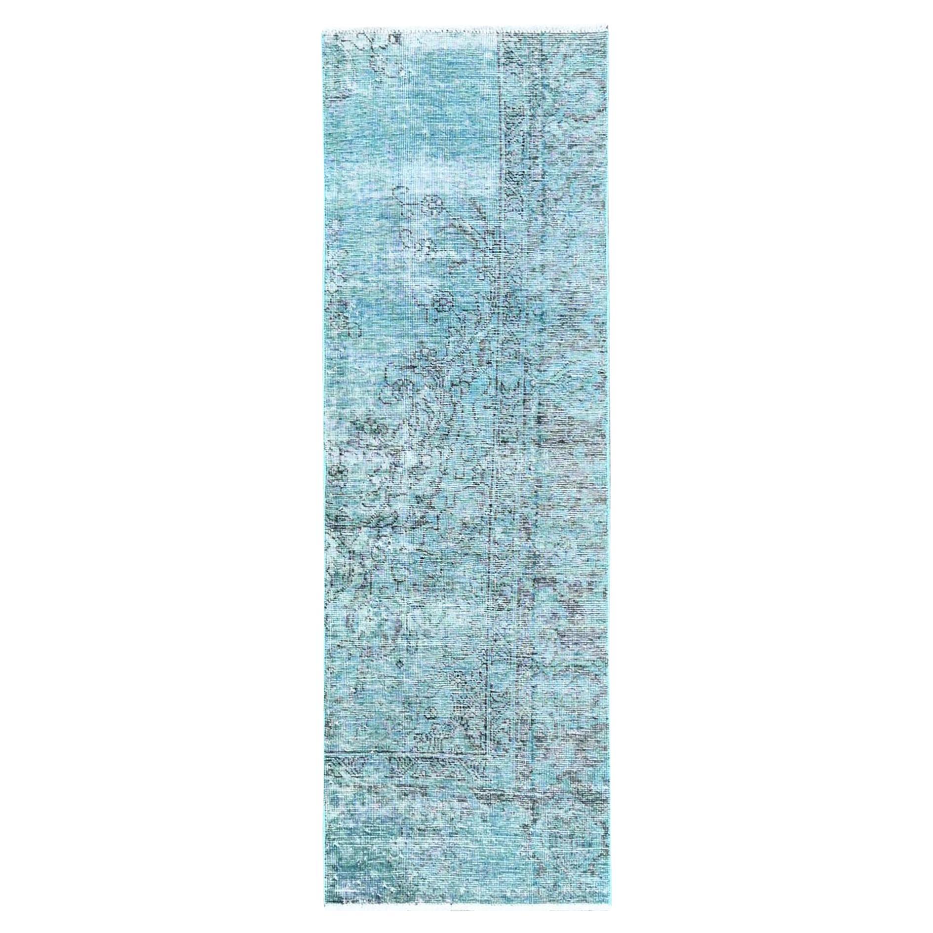 2'x5'9" Blue Overdyed Vintage Persian Tabriz Hand Knotted Pure Wool Runner Rug
