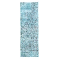 2'x5'9" Blue Overdyed Vintage Persian Tabriz Hand Knotted Pure Wool Runner Rug
