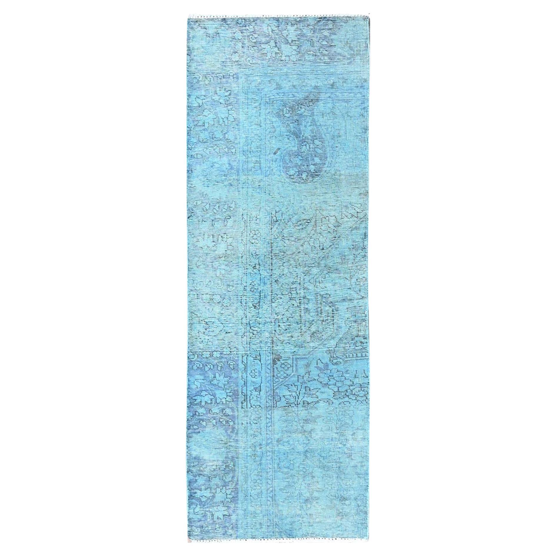 Tappeto Runner 2'x6' blu sovratinto Tabriz persiano vintage 100% lana annodato a mano
