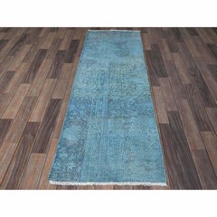 2'x6' Blue Overdyed Vintage Zoroastrian Tabriz 100% Wool Hand Knotted Runner Rug