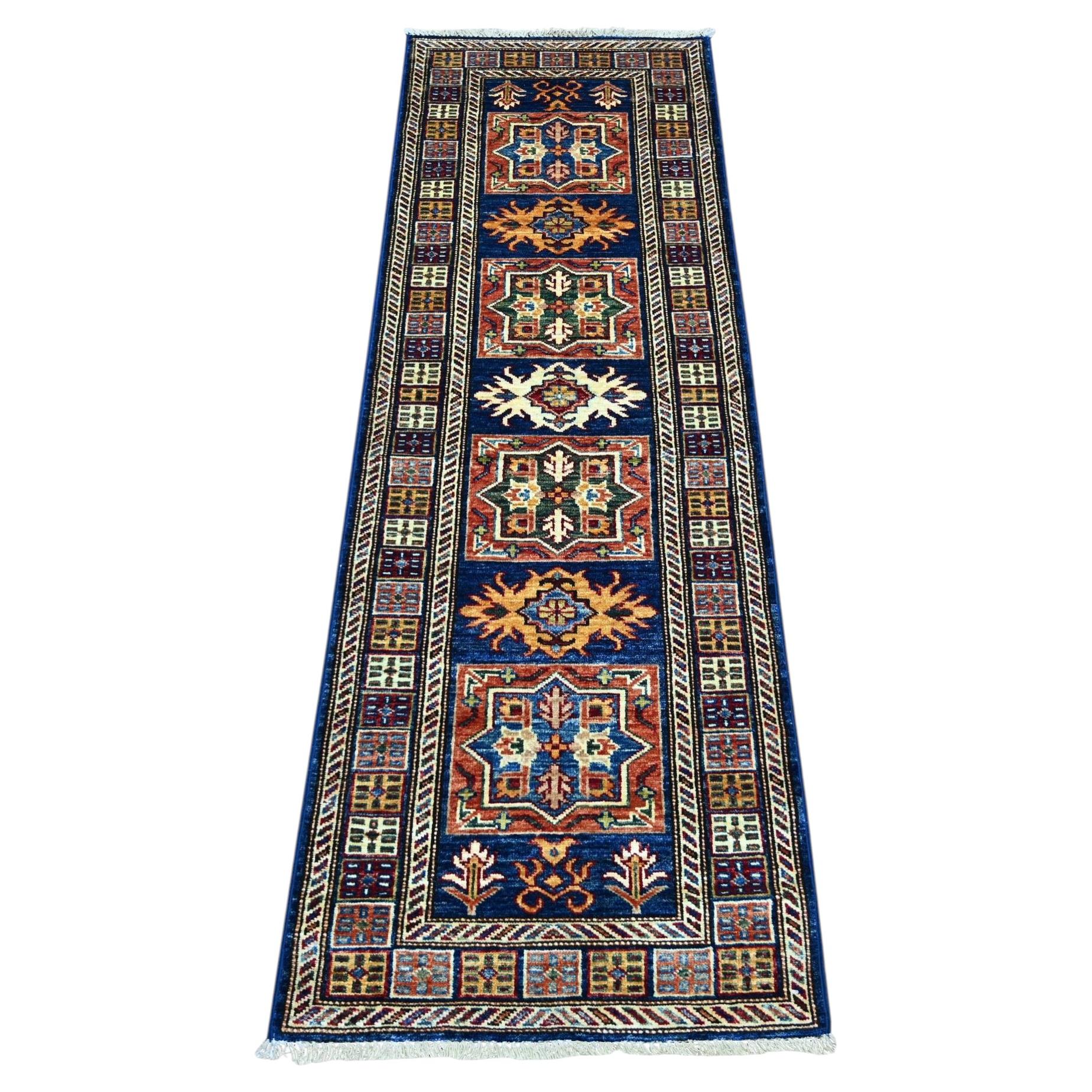 2'x6' Blue Wool Afghan Super Kazak Geometric Medallions Design Runner Rug