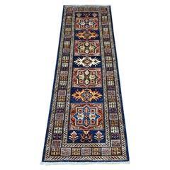 2'x6' Blue Wool Afghan Super Kazak Geometric Medallions Design Runner Rug