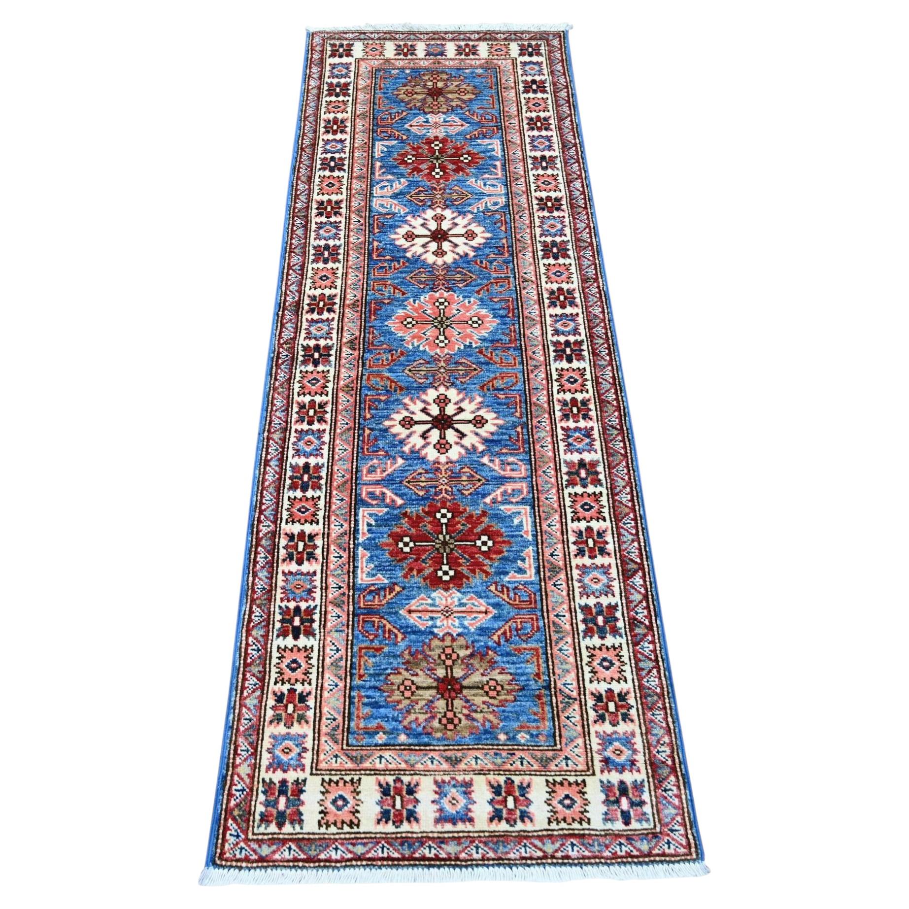 2'x6' Tapis de course étroit en laine super kazak afghane nouée à la main bleu céruléen en vente