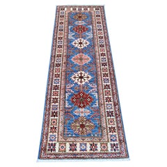 2'x6' Cerulean Blue Hand Knotted Afghan Super Kazak Wool Narrow Runner Rug